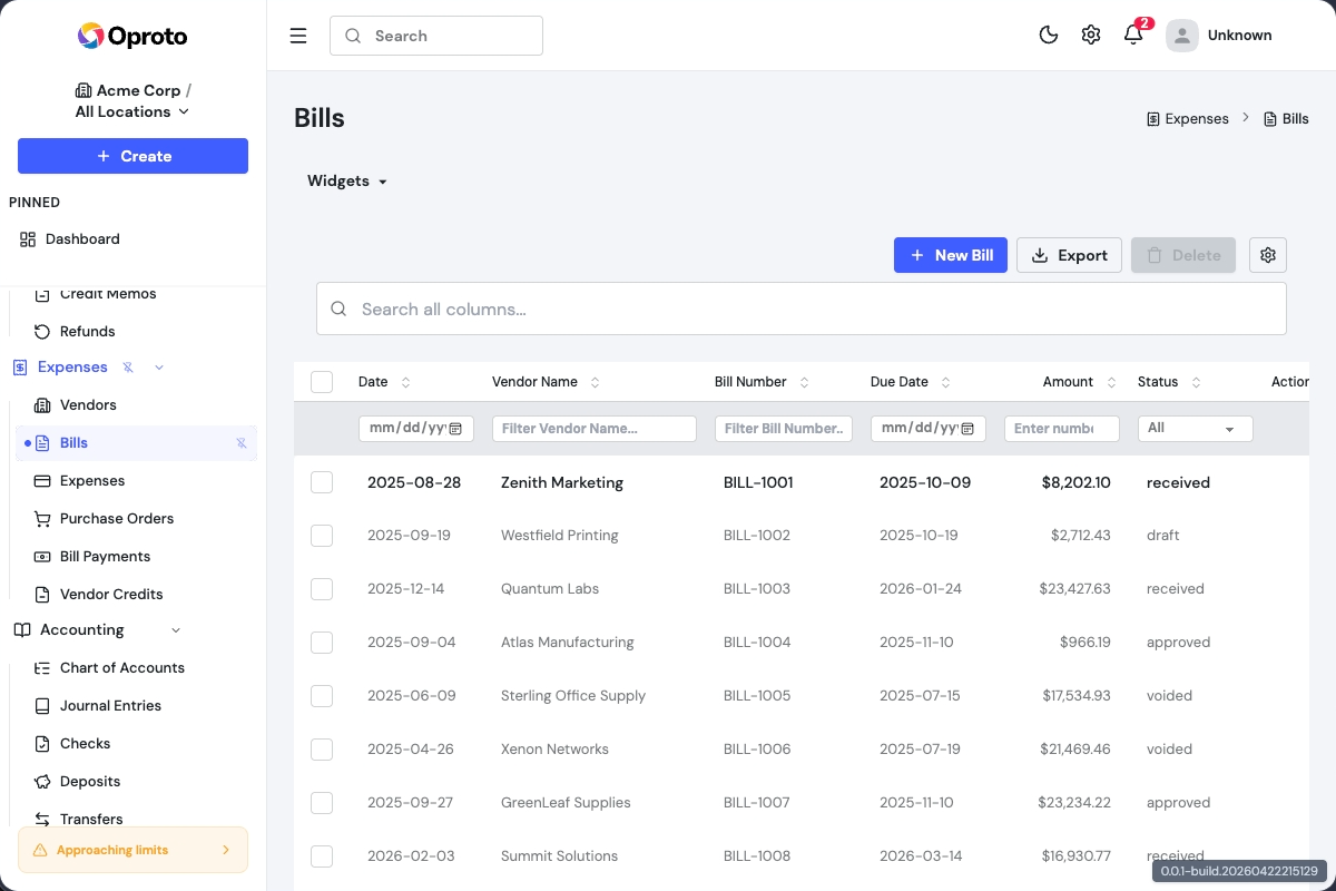 Oproto bills list showing vendor bills with status and due dates