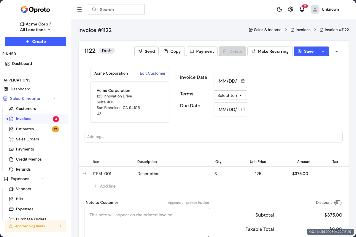 Oproto invoicing screen showing invoice list and status tracking